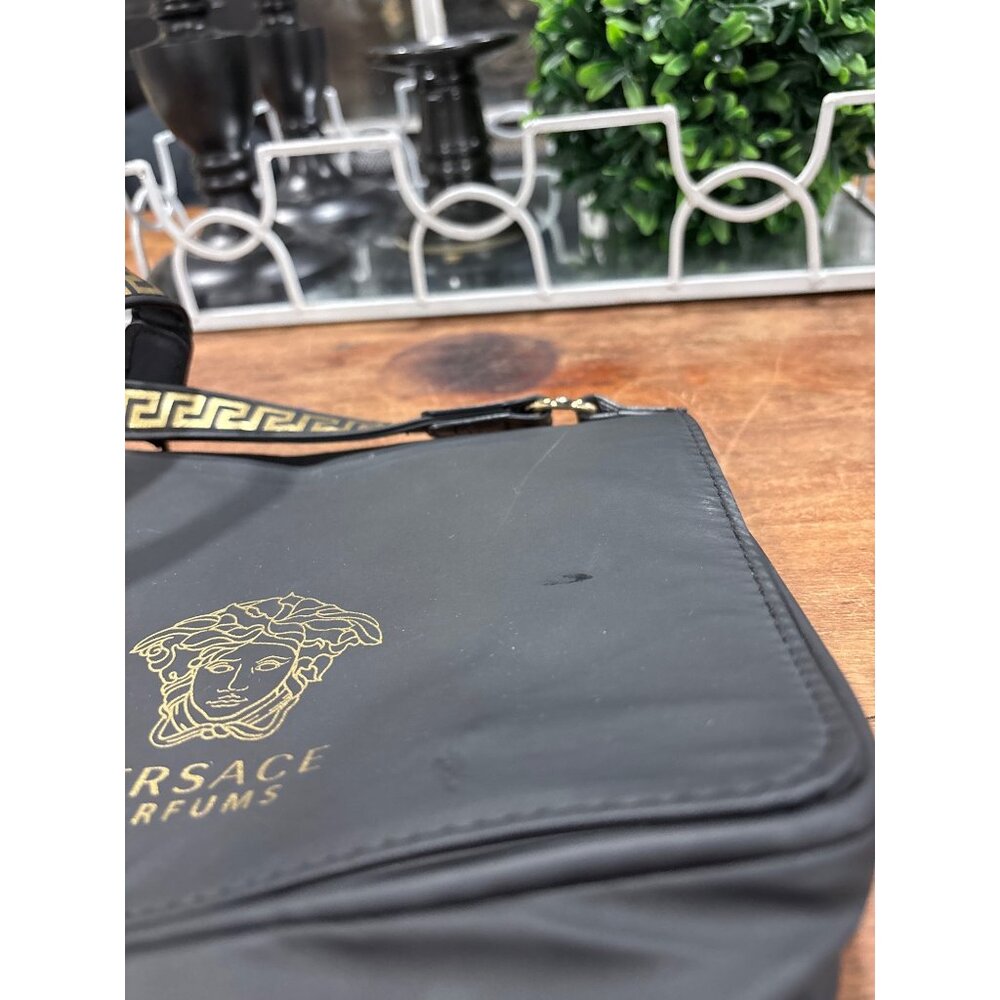 Versace Parfums Black Nylon Crossbody Bag With Gold Medusa Logo Greek Key Strap - Picture 3 of 15